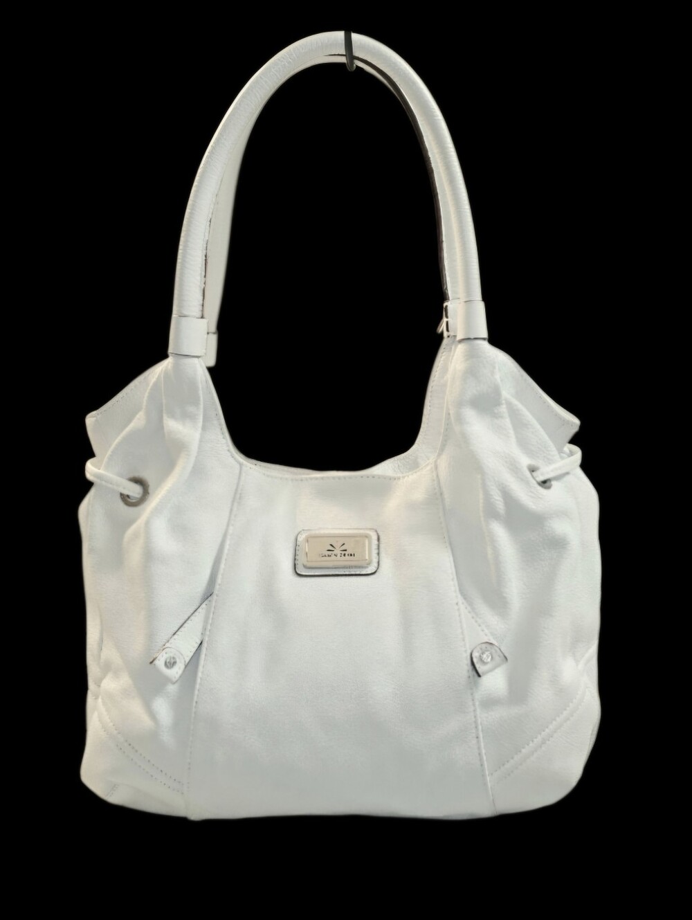 Isaac Mizrahi White Leather Shoulder Tote with Logo Plaque